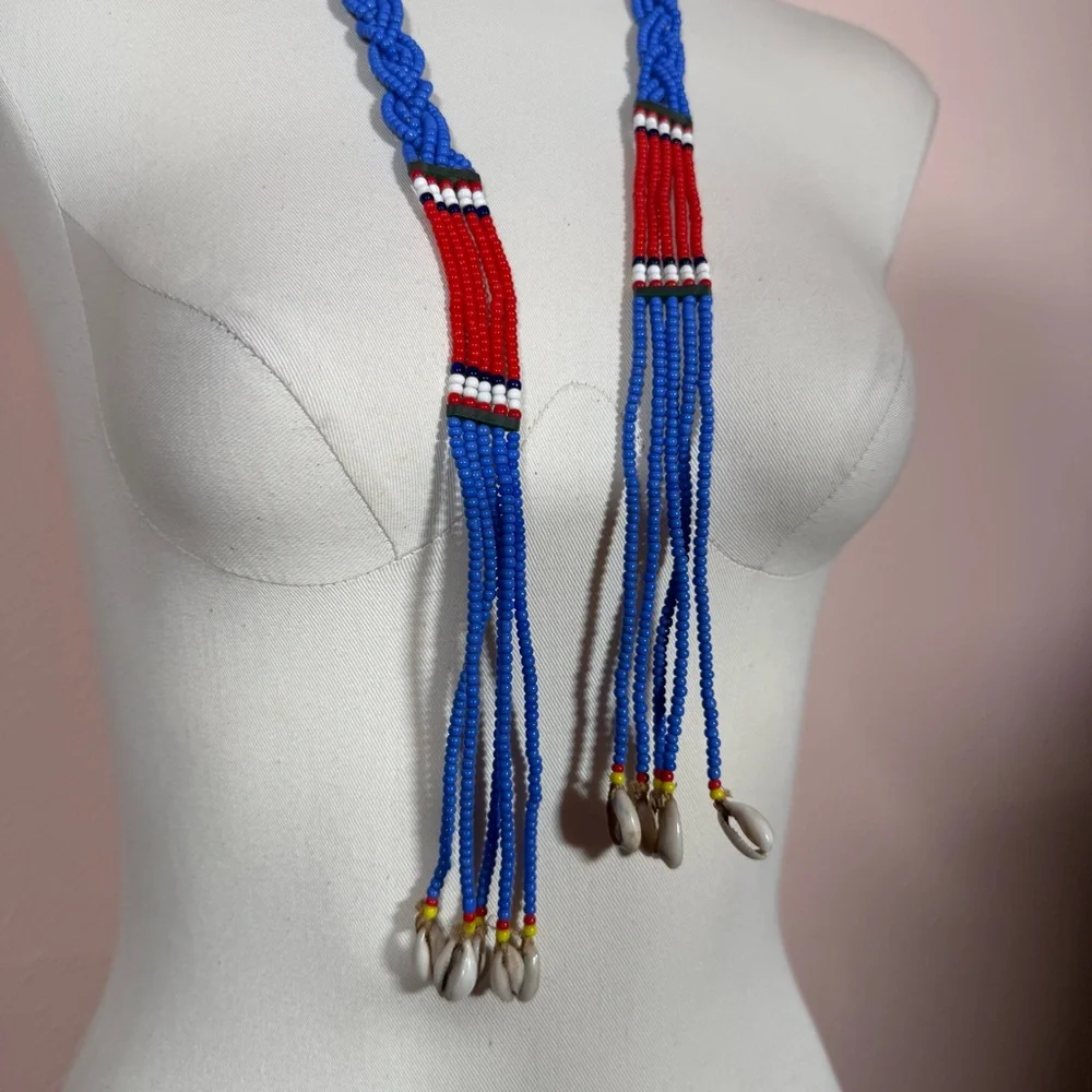 Vintage southwestern red blue Beaded Belt necklace shell tassels adjustable